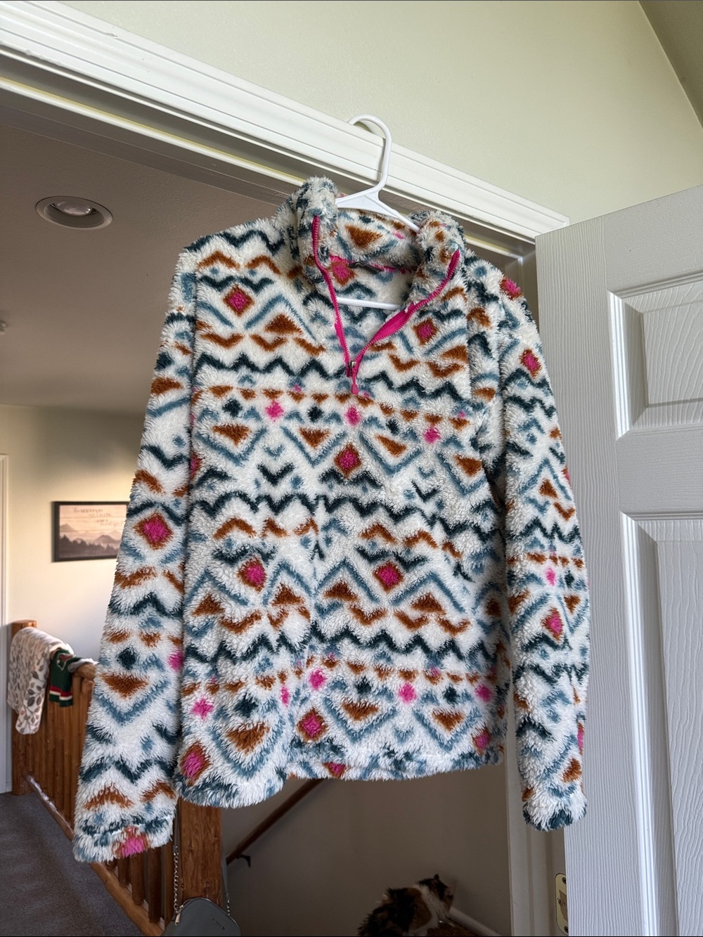 Eddie Bauer Cream Sherpa Zip Pullover with Pink & Blue Aztec Accents